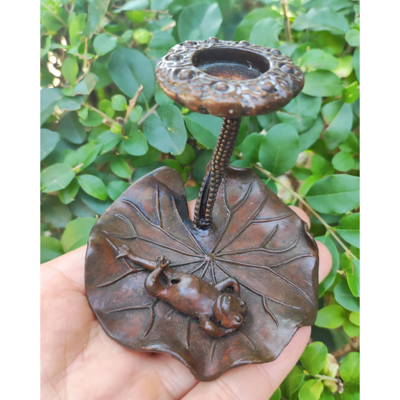 Vtgbrasslover Vtg Vintage style copper Lotus leaf leisurely frog statue incense insert, ornaments,Statues Fortune meditation gift FengShui 7
