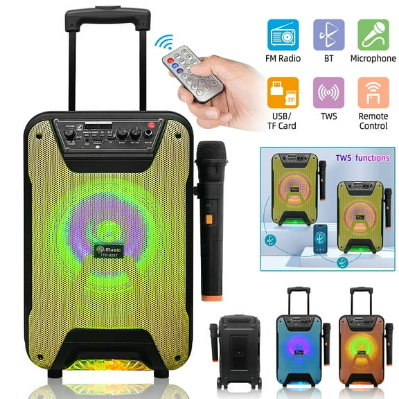 Vtin 8" Portable Trolley Bluetooth Speaker Small PA System Stereo Heavy Bass Sound Karaoke Machine Microphone Speaker with Subwoofer Mic, Yellow