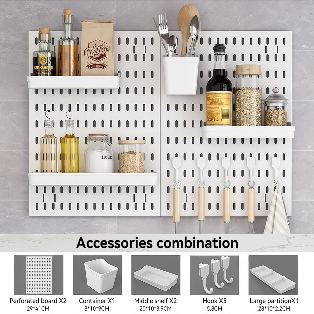 Pegboard Combination Kit – 22”x22” White Plastic Wall Organizer With Hooks, Shelves & Containers For Office, Kitchen, Garage