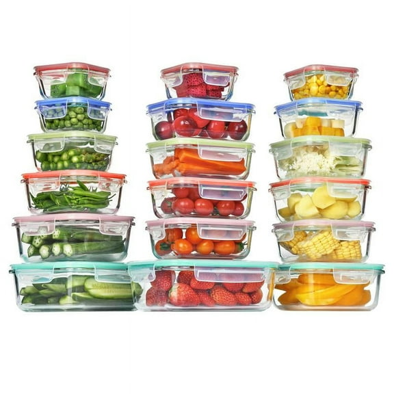 Vtopmart 12- 18 Pack Glass Food Storage Containers with Lids -Stackable Design for Kitchen Utensils Oven Microwave Freezer Dishwasher Kitchenware Square Fridge Organizers Insulated Lunch Compartment