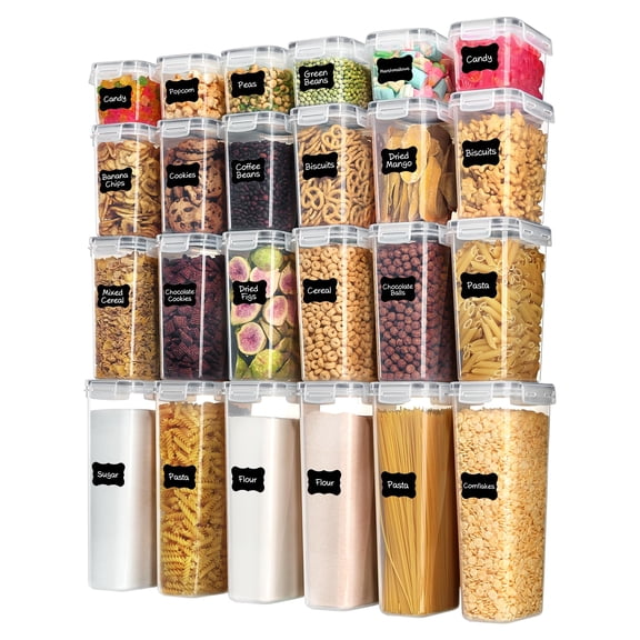 Vtopmart 24-Piece Airtight Plastic Food Storage Containers with Lids, BPA-Free Pantry & Kitchen Canisters for Cereal, Flour, Sugar & Dry Goods, Comes with 24 Label Stickers, Gray