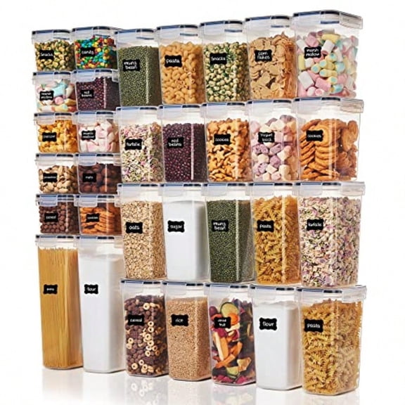 Vtopmart 32pcs Airtight Food Storage Containers Set Plastic Kitchen and Pantry Organization Canisters with Lids for Cereal Dry Food Flour and Sugar Includes 32 Labels