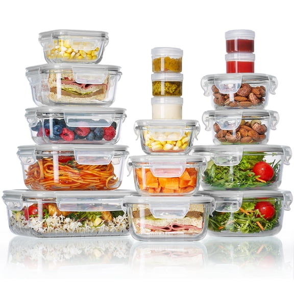 Sindcom 34pcs Glass Food Storage Containers with Lids Set, Airtight Meal Prep Containers (17 Containers & 17 Lids), Grey