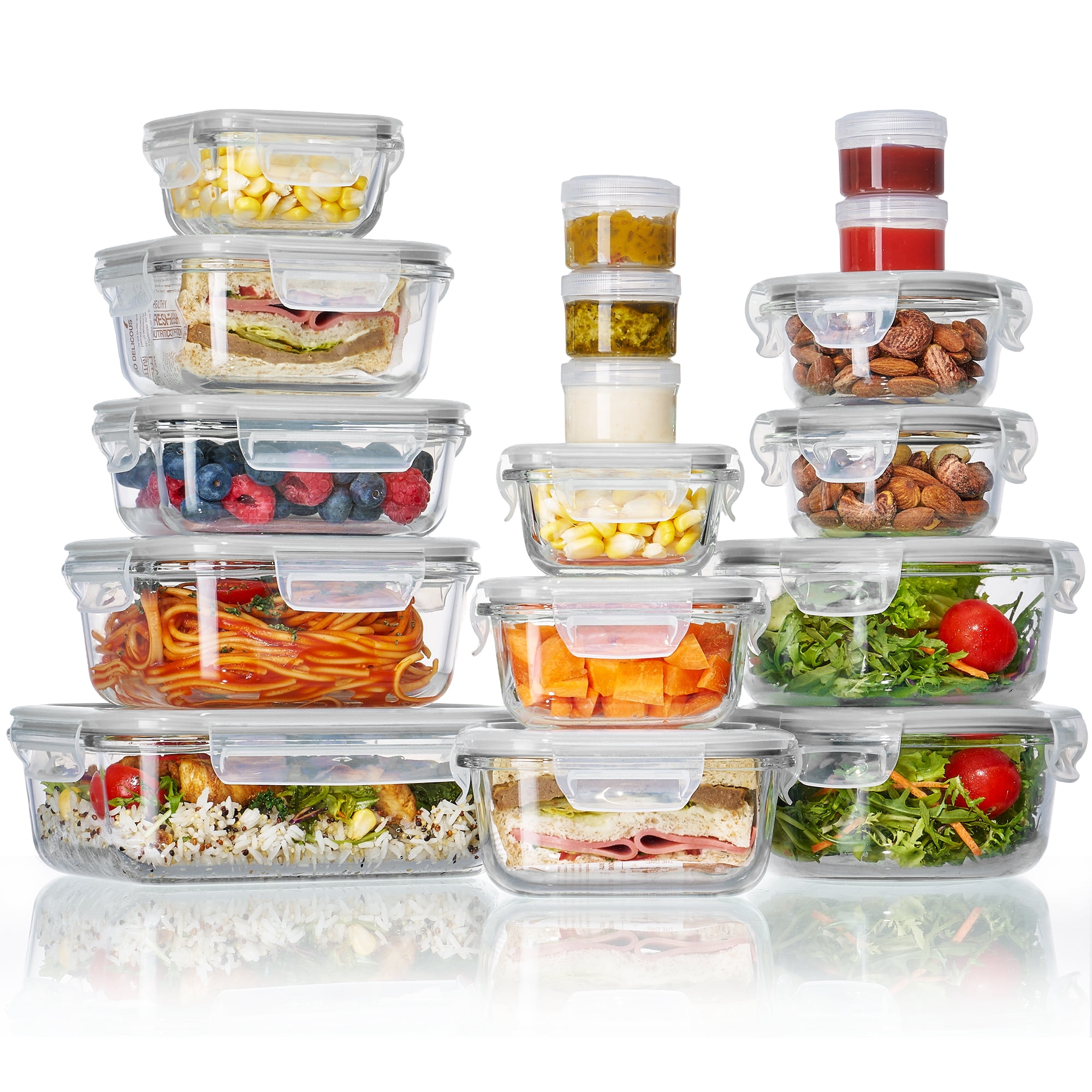 Sindcom 34pcs Glass Food Storage Containers with Lids Set, Airtight Meal Prep Containers (17 Containers & 17 Lids), Grey