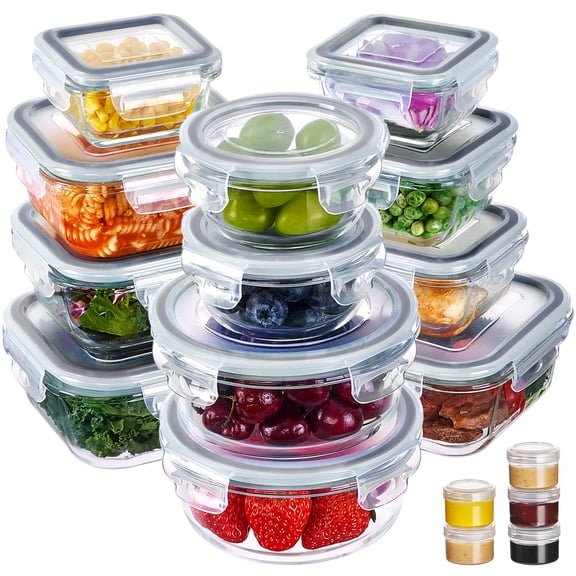 Sindcom 34pcs Glass Food Storage Containers with Lids Set, Airtight Meal Prep Containers (17 Containers & 17 Lids), Grey