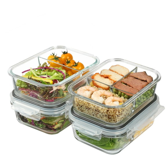 Vtopmart 4 Pack 33oz Glass Food Storage Containers with Lids, Meal Prep Bento Boxes, for Microwave, Oven, Freezer, Gray