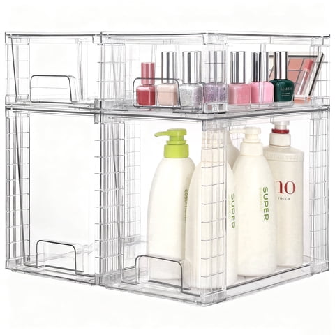 Sindcom 4 Pack Large Clear stackable storage drawers, Acrylic cosmetic and makeup organizer, Bathroom under sink organizers and storage, Plastic Bins for Kitchen , Pantry, Medicine, 2High+2Small
