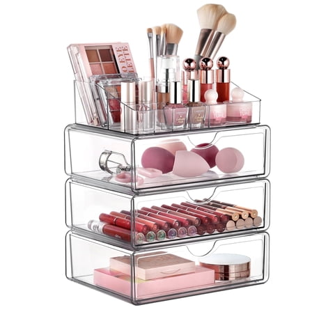 Sindcom 4 Tier Clear Makeup Organizer with Drawer, Plastic Cosmetic Storage, Beauty Holder