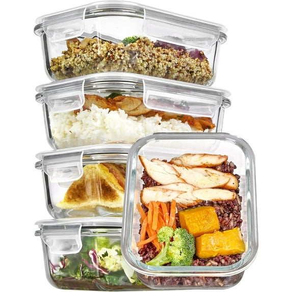 5Pack 22oz Glass Storage Containers with Lids, Glass Meal Prep Food Container Sets with Snap Airtight Lids for Microwave, Oven, Freezer and Dishwasher
