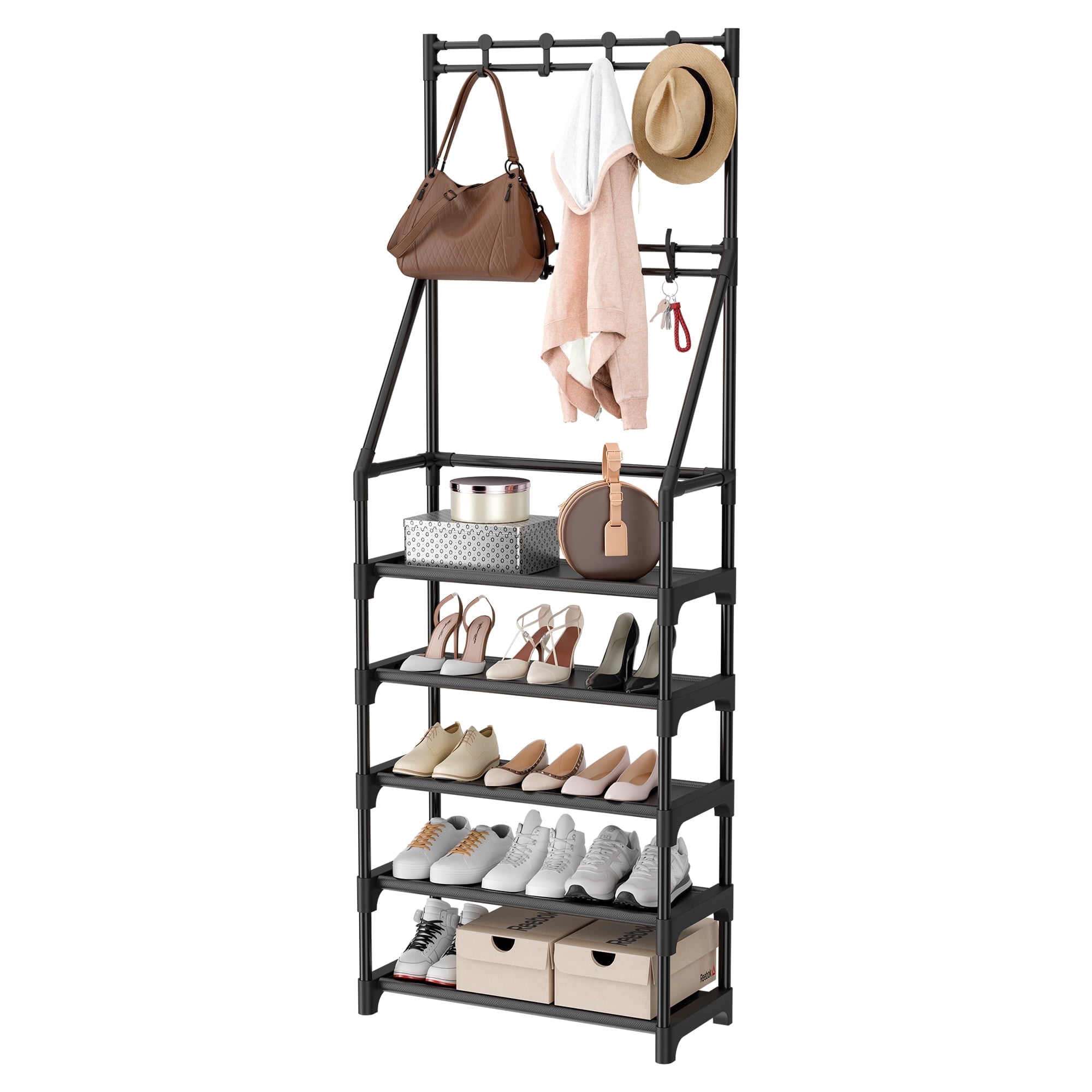 Sindcom 5 Tier Coat Rack with Shoe Storage – Freestanding Hall Tree Bench for Entryway, 5 Shoe Shelves & 8 Removable Hooks, Black