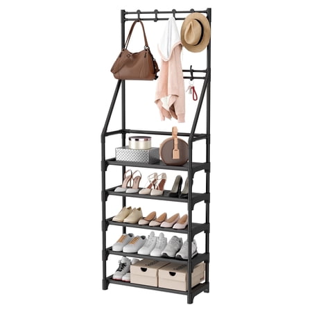 Sindcom 5 Tier Coat Rack with Shoe Storage – Freestanding Hall Tree Bench for Entryway, 5 Shoe Shelves & 8 Removable Hooks, Black