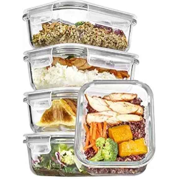 Vtopmart 5Pack 22oz Glass Storage Containers with Lids, Glass Meal Prep Food Container Sets with Snap Airtight Lid for Microwave, Oven, Freezer and Dishwasher, Grey