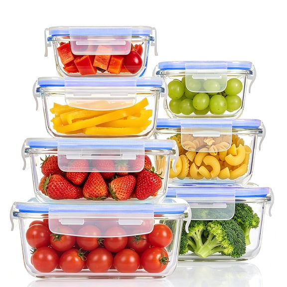 Sindcom 7 Pack Glass Food Storage Containers, Meal Prep, Airtight Bento Boxes with Leak Proof Locking Lids,Blue