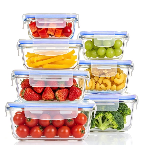 Sindcom 7 Pack Glass Food Storage Containers, Meal Prep, Airtight Bento Boxes with Leak Proof Locking Lids,Blue