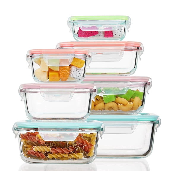 Sindcom 7 Pack Glass Food Storage Containers, Meal Prep, Airtight Bento Boxes with Leak Proof Locking Lids,Colorful