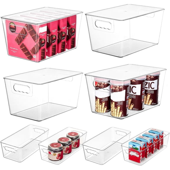 Vtopmart 8 Pack Clear Plastic Storage Bins with Lid Set, 4 Large and 4 Small Pantry Organizers and Storage Bins with Handle, Storage Containers for Pantry, Kitchen, Fridge, Cabinet Organization
