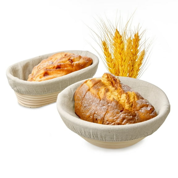Vtopmart Natural Rattan Bread Proofing Basket Set, 2-Pack 9&10 Inch Round & Oval Banneton with Liners for Sourdough Baking, Handmade