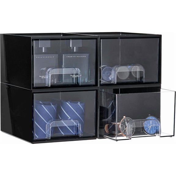 Vtopmart Black Small Stackable Storage Drawers, Cologne Organizer for Men,Plastic Containers for Vanity, Dresser,Office Desk,Bathroom Countertop Organization,Ideal for Room Decor