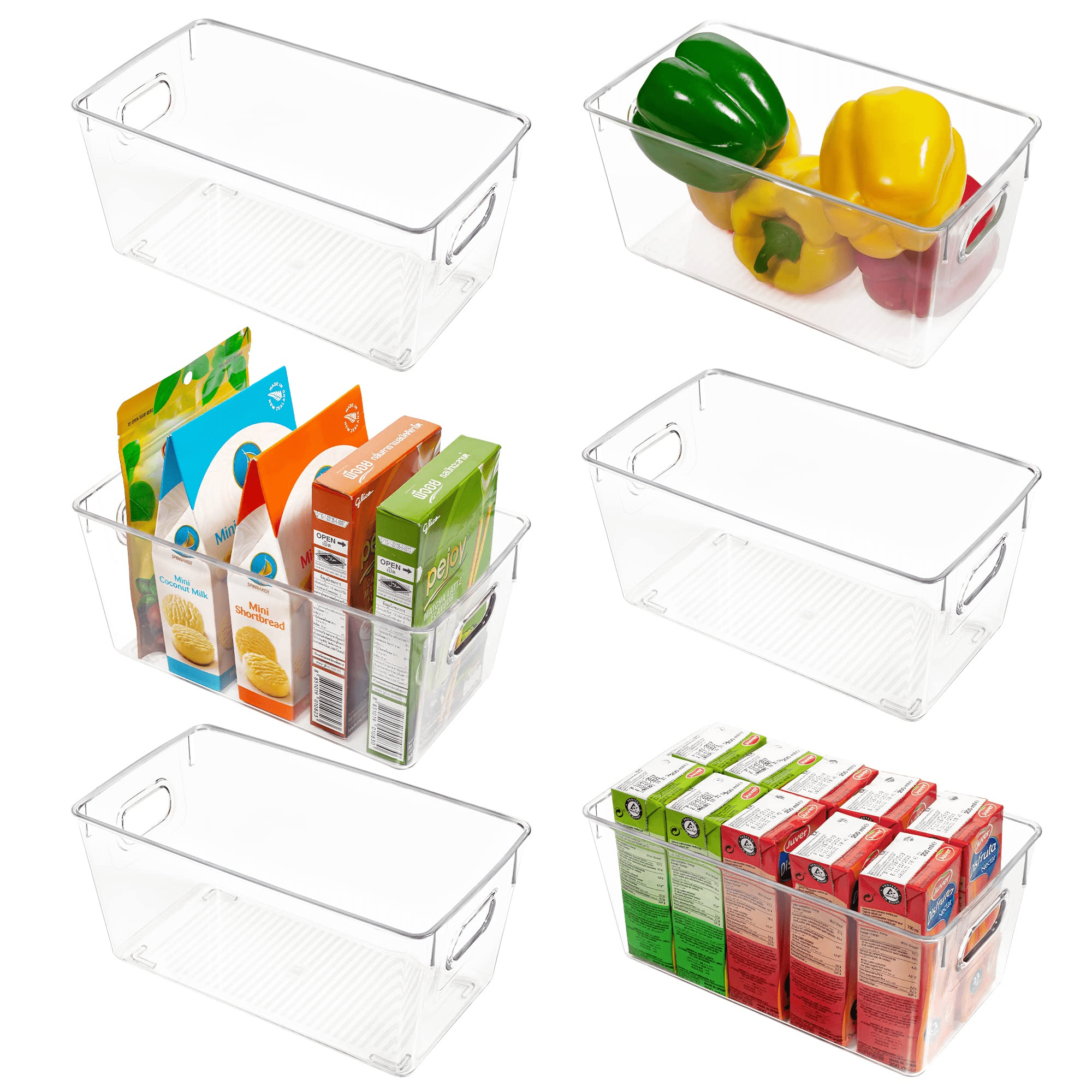 6 Pcs Food Storage Bins with Handles, Vtopmart Clear Plastic Pantry Organizer, Medium