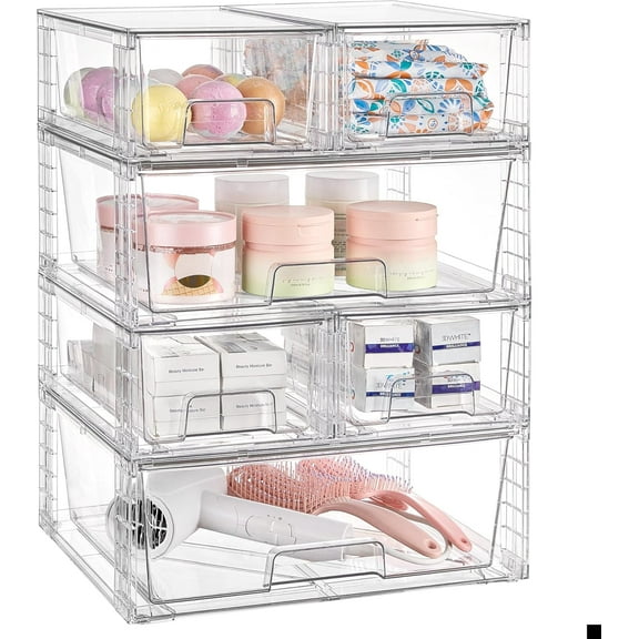 Vtopmart Clear Stackable Storage Drawers Set of 6, Easily Assemble Acrylic Bathroom Undersink Organizers,Plastic Storage Bins for Closet,Cabinet,Pantry,Medicine Organization