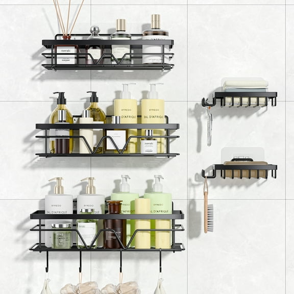 Vtopmart Shower Caddy Shelf Organizer, 5 Pack No Drilling Adhesive Wall Mounted Bathroom Organizer Basket, Black