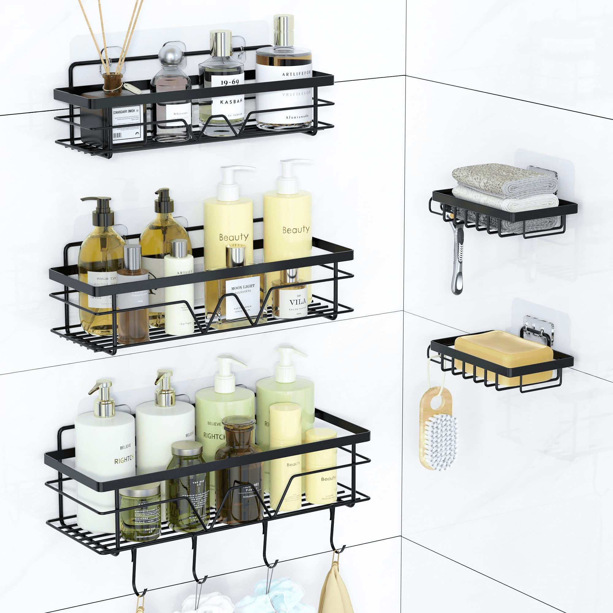 Vtopmart Shower Caddy Shelf Organizer, 5 Pack No Drilling Adhesive Wall Mounted Bathroom Organizer Basket, Black