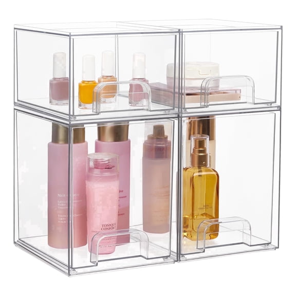 Sindcom Stackable Storage Drawers Set of 4,Clear Plastic Organizer Bins for Makeup, Cosmetics, Beauty Supplies,Bathroom Organizer Countertop,Bathroom Under Sink Organizer,12.1 × 7.5 × 12 in