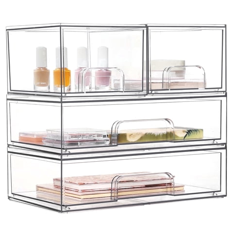Sindcom Stackable Storage Drawers Set of 4,Clear Plastic Organizer Bins for Makeup, Cosmetics, Beauty Supplies,Bathroom Organizer Countertop,Bathroom Under Sink Organizer,12.1 × 7.5 × 11.4 in