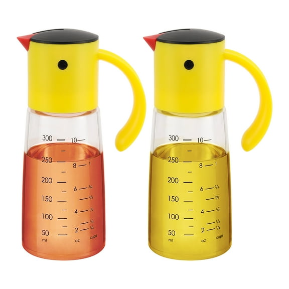 Vucchini Olive Oil Dispenser Bottle Set of 2 - 300ml Glass Auto Flip Condiment Container With Automatic Cap and Stopper - Leakproof Design Vinegar Dispenser - Yellow