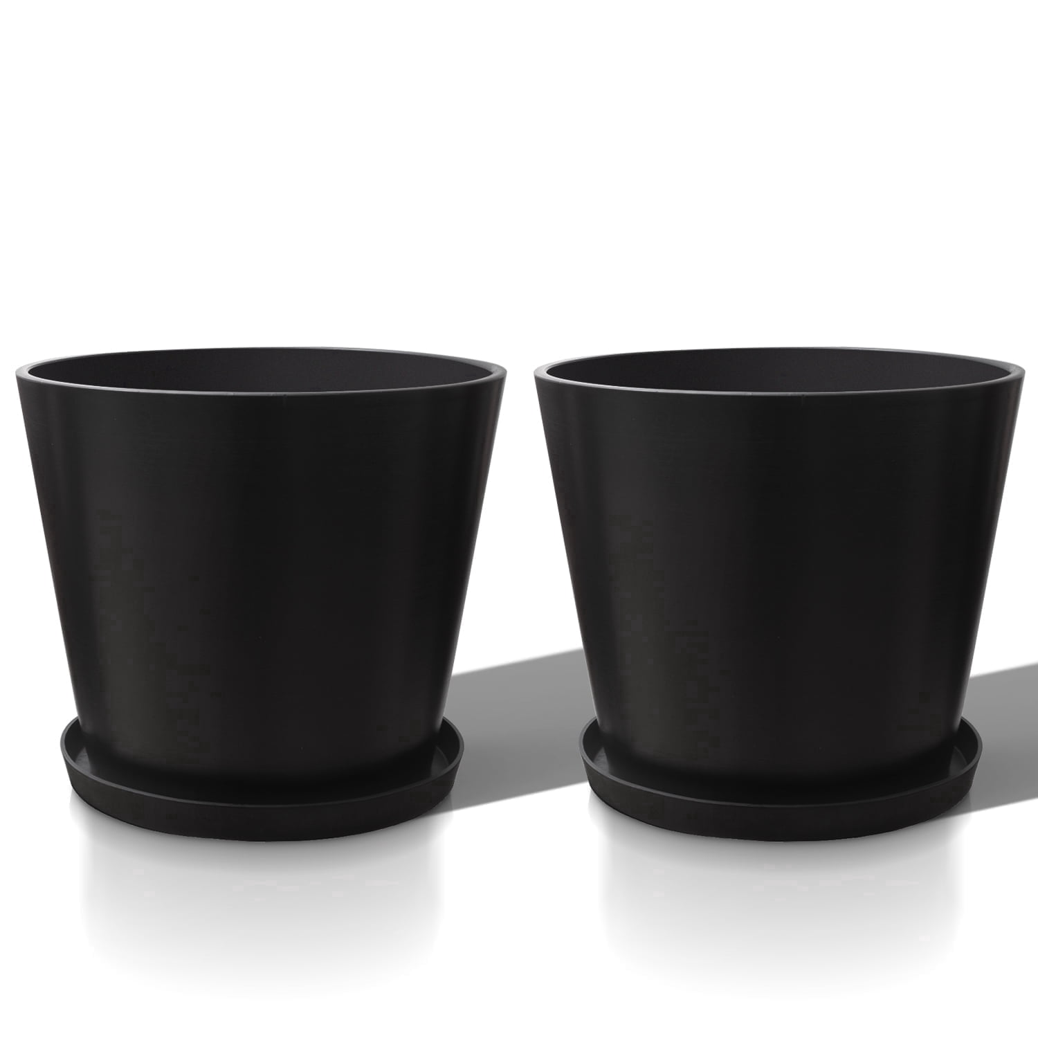 Vucunty Planter Set with Saucers, Round Planters 2 Pack, Large Resin Pots, 16 Inch, Outdoor Indoor Flower Pots, Black