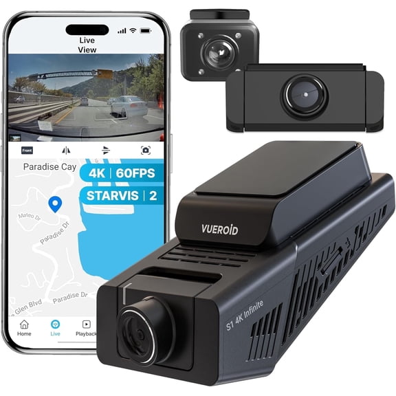 Vueroid S1 Infinite 4K 3CH Triple Dash Cam | 4K+2.5K+2.5K Sony STARVIS 2 | Privacy Mode | GPS | WiFi | Parking Mode | CPL Filter & 512GB Card Included