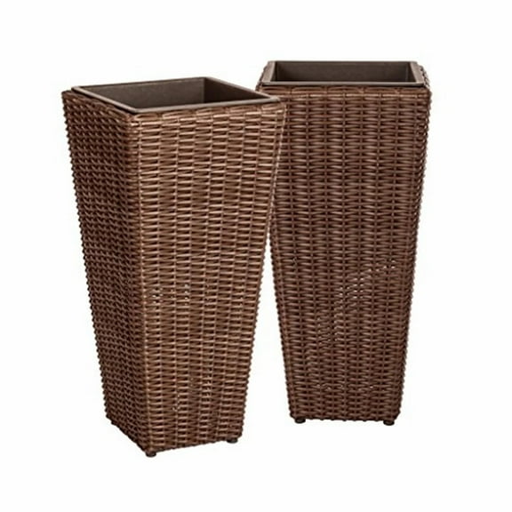 Vulcan Home Alto Wicker All-Weather Planter Set with Liners – Tall Outdoor Plant Box for Patio & Herb Gardens, Mocha, Pack of 2