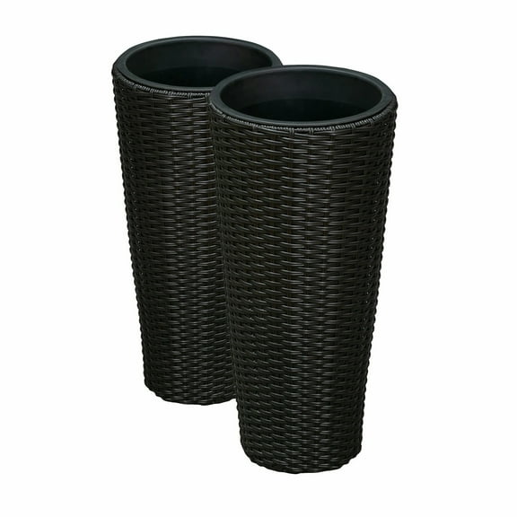 Vulcan Noah Round Wicker Tall Planter Boxes – Versatile 2-Piece Set for Patio, Herb Garden & Living Spaces, Black