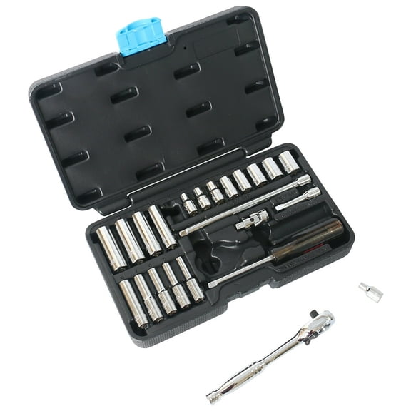 "Vulcan Socket Set, 24 Piece, 1/4 in Drive, Chrome Vanadium Steel, Chrome, Metric"