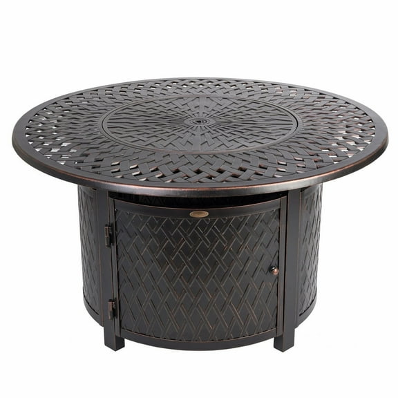Vulcan Verona Round Woven Aluminum Gas Fire Pit with Nylon Cover & Clear Fire Glass – Bronze Finish, 44"
