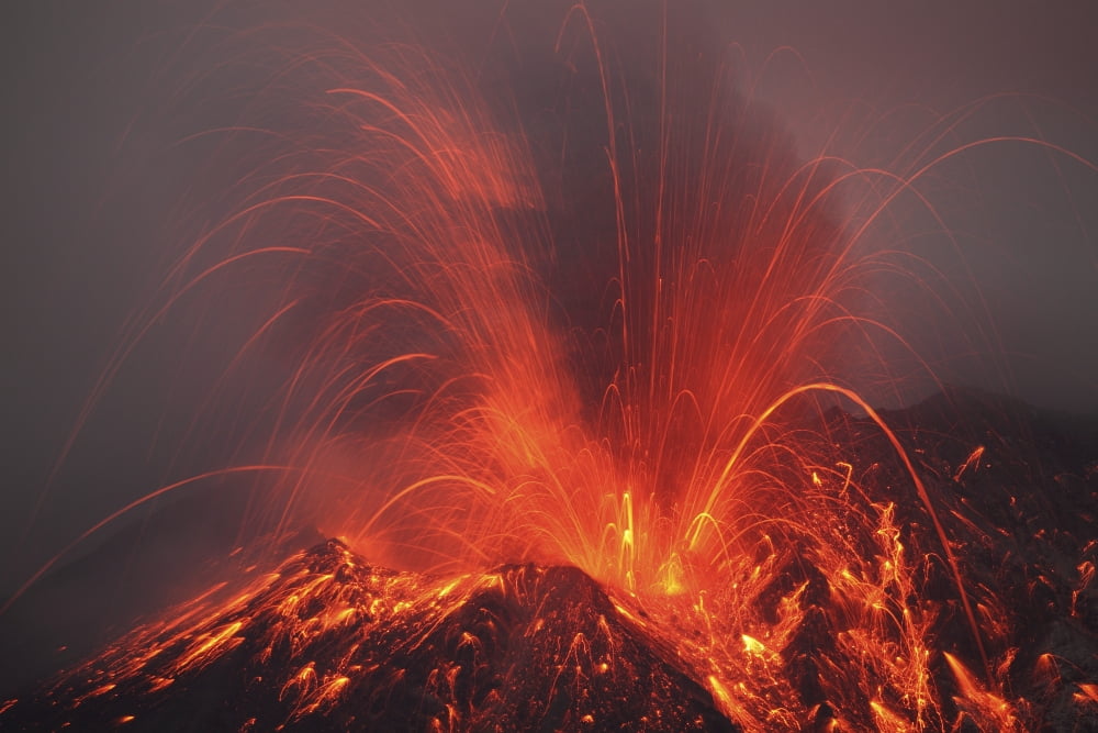 Vulcanian eruption with glowing lava bombs on Sakurajima Volcano Japan Canvas Art - Richard RoscoeStocktrek Images (35 x 23)