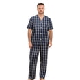 thumbnail image 1 of Vulcanodon 100% Cotton Mens Pajamas Set, Lightweight Button Up Mens Sleepwear(DARK BLUE PLAID, L), 1 of 6