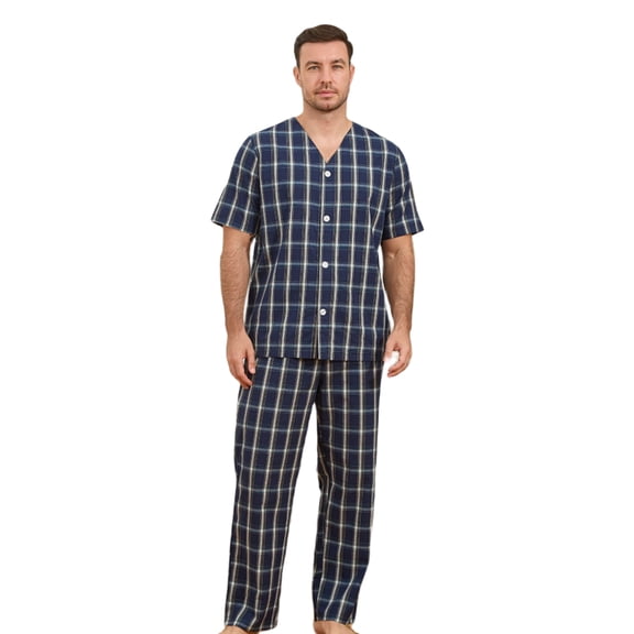 Vulcanodon 100% Cotton Mens Pajamas Set, Lightweight Button Up Mens Sleepwear(DARK BLUE PLAID, L)