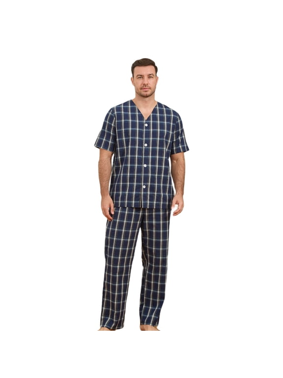 100% Cotton Mens Pajamas Set, Lightweight Button Up Mens Sleepwear(DARK BLUE PLAID, M)
