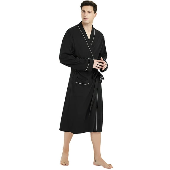 Vulcanodon 100% Cotton Mens Robe, Lightweight Knit Bathrobe,(Black,2XL-3XL)