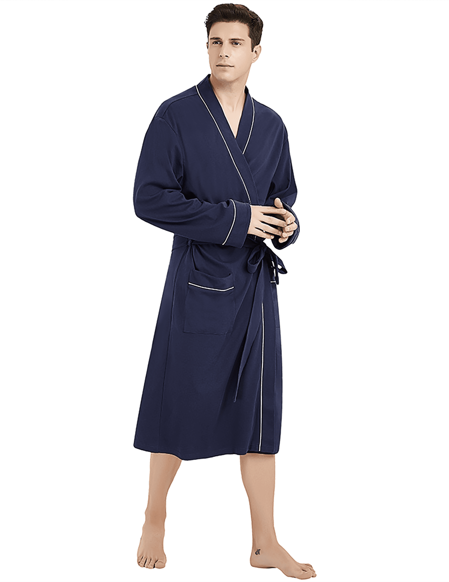 Vulcanodon 100% Cotton Mens Robe, Lightweight Knit Bathrobe,(Navy Blue ...