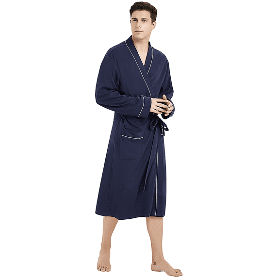 Vulcanodon 100% Cotton Mens Robe, Lightweight Knit Bathrobe,(Navy Blue,2XL-3XL)