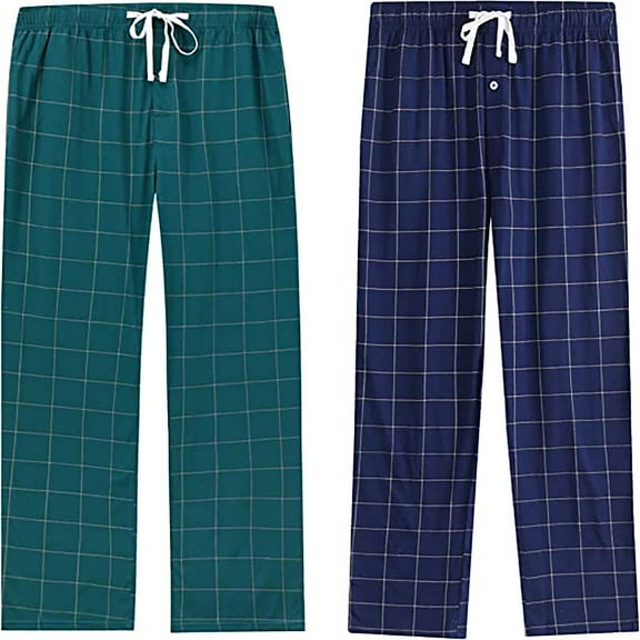 Vulcanodon 2 Pack Mens Plaid Sleep Pants, Cotton Pajama Pants with Pockets, Soft Lounge Pajama Bottoms for Men (Navy Plaid/Hunter Green-plaid , Medium)