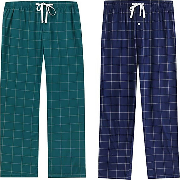 Vulcanodon 2 Pack Mens Plaid Sleep Pants, Cotton Pajama Pants with Pockets, Soft Lounge Pajama Bottoms for Men (Navy Plaid/Hunter Green-plaid , X-Large)
