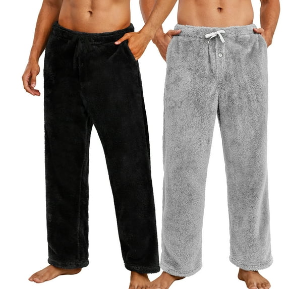 Vulcanodon 2 Pack Mens Plush Warm Pajama Pants, Fluffy Soft Fleece Sleep Pant with Pockets Lounge Pj Bottoms for Men (Black+Light Grey, M)