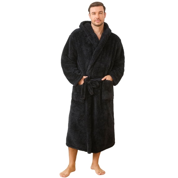 Vulcanodon Men Fleece Hooded Robe, Plush Lightweight Bathrobe Long Soft Warm House Coat with Pockets,(Black,L-XL)