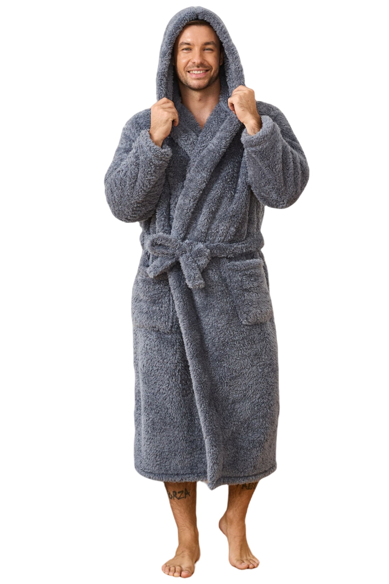 Man House Robe Vulcanodon Men Fleece Hooded Robe, Plush Lightweight Bathrobe Long Soft ...
