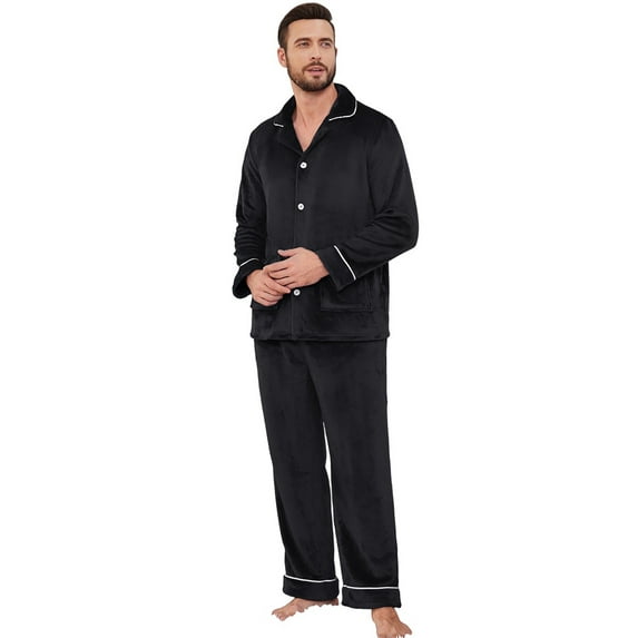 Vulcanodon Men Fleece Pajama set, Soft Long Sleeve Sleepwear Button Down Pjs Set,(Black,XL)
