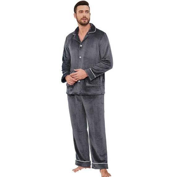 Vulcanodon Men Fleece Pajama set, Soft Long Sleeve Sleepwear Button Down Pjs Set,(Dark Grey,S)