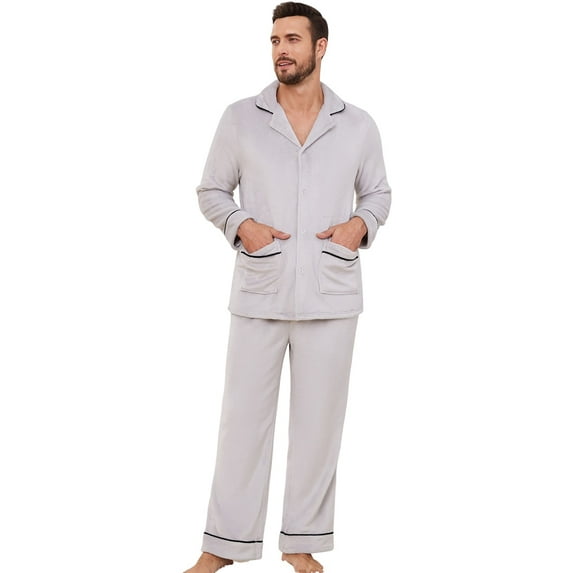 Vulcanodon Men Fleece Pajama set, Soft Long Sleeve Sleepwear Button Down Pjs Set,(Light Grey,L)